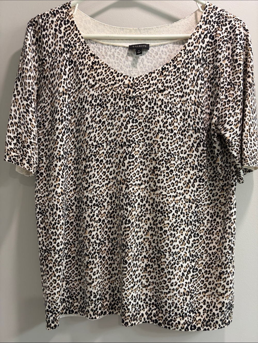 Talbots Short Sleeve Leopard Print Tee in Cream, Black and Brown
